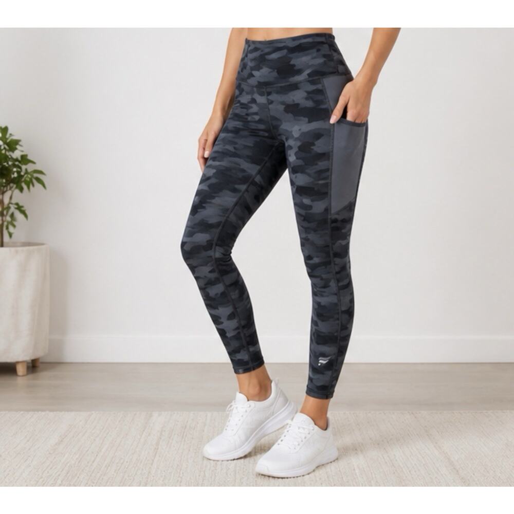 Fabletics Camo Leggings Women’s Medium Gray Black Pocket Athletic